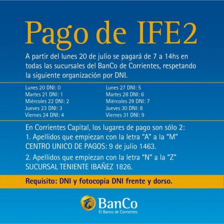 CORRIENTES.  Cronograma de pago del IFE en el Banco de Corrientes.