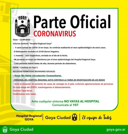 Informe Sanitario Hospital Regional:  GOYA CONTINÚA EN FASE TRES.